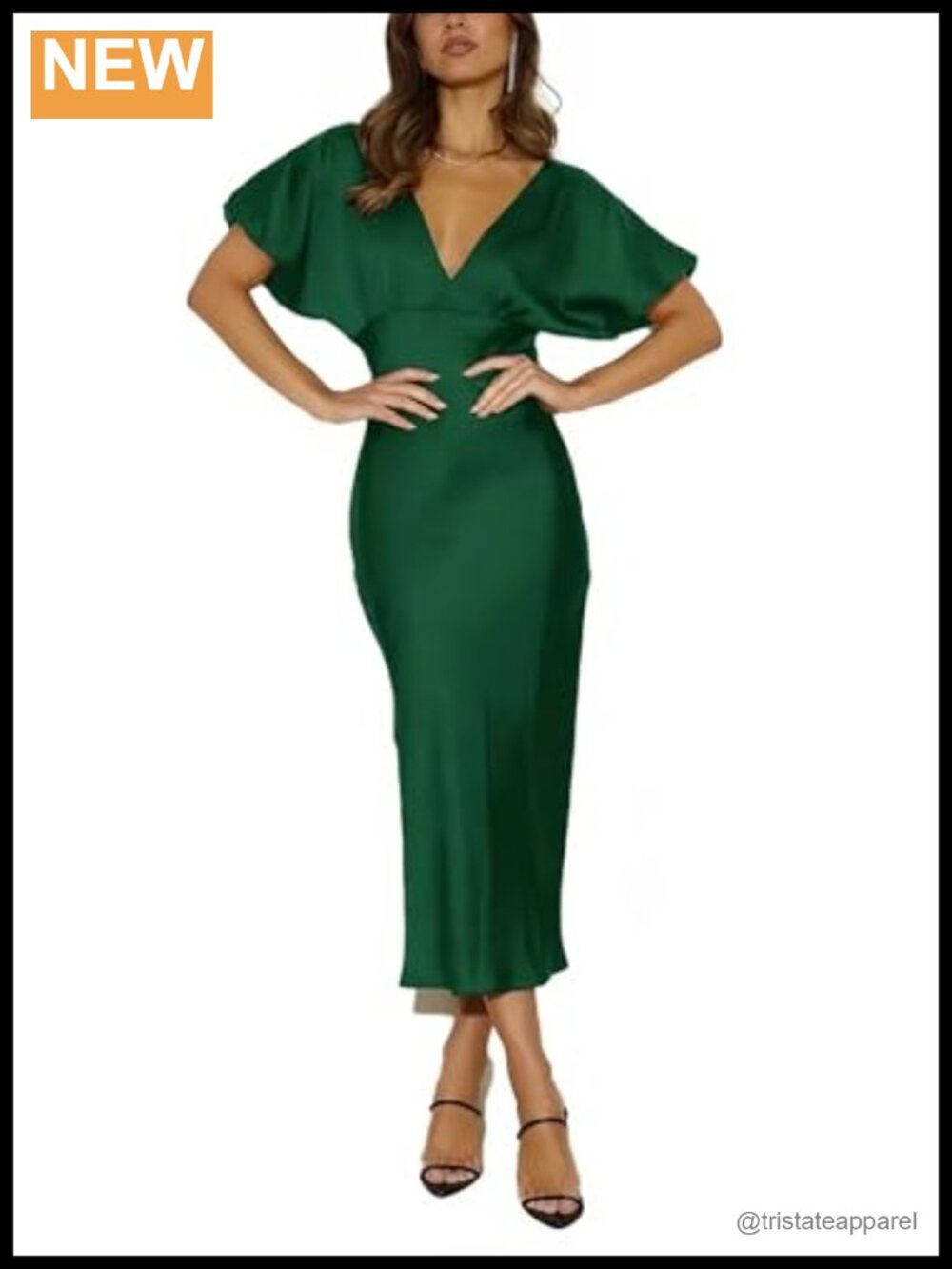 Satin V Neck Puffy Sleeve Open Back Midi Dress Wedding Guest